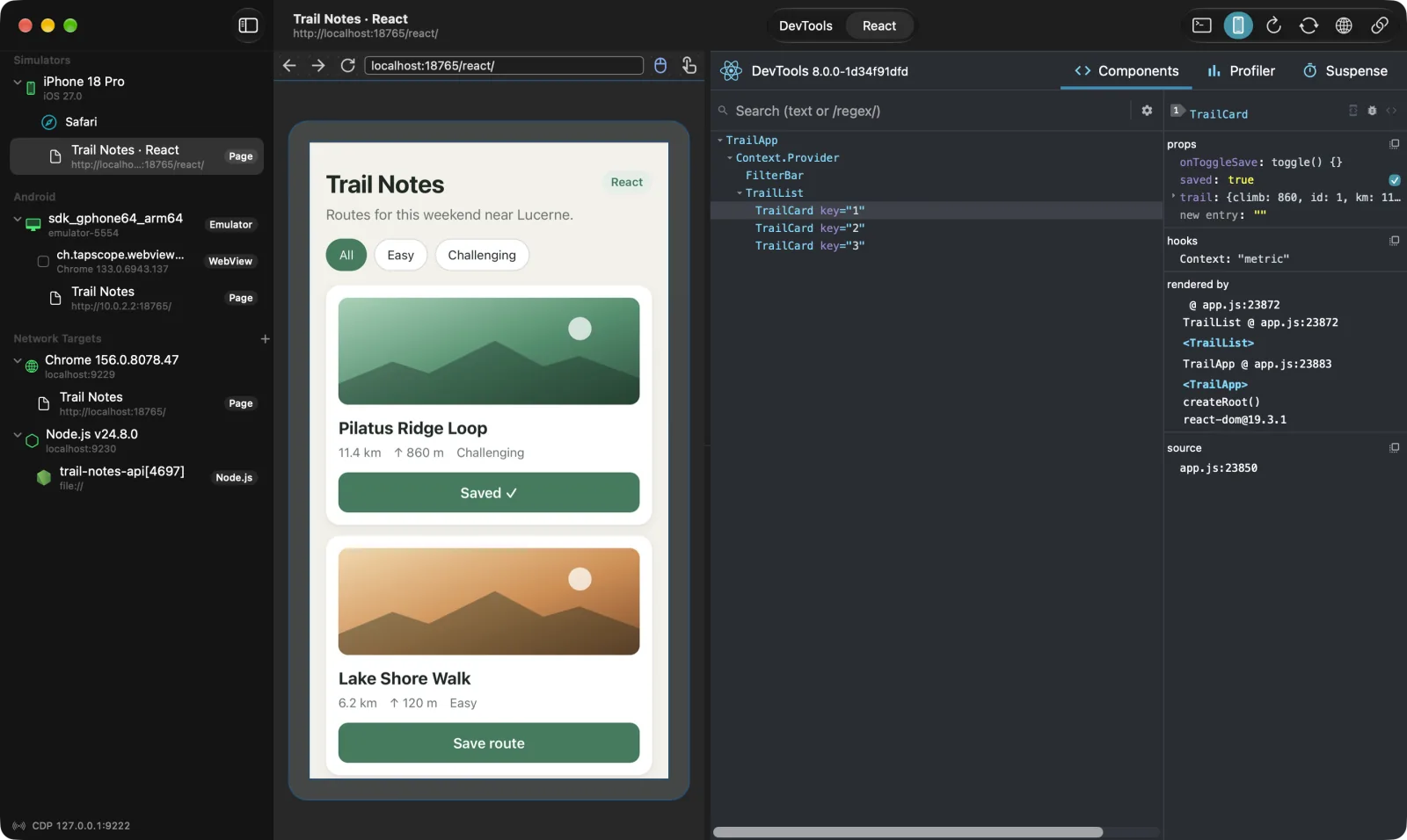 React-Bereich in Tapscope: Live-Vorschau einer React-Seite im iOS-Simulator neben dem Komponentenbaum der React DevTools mit Props und Hooks der gewählten Komponente