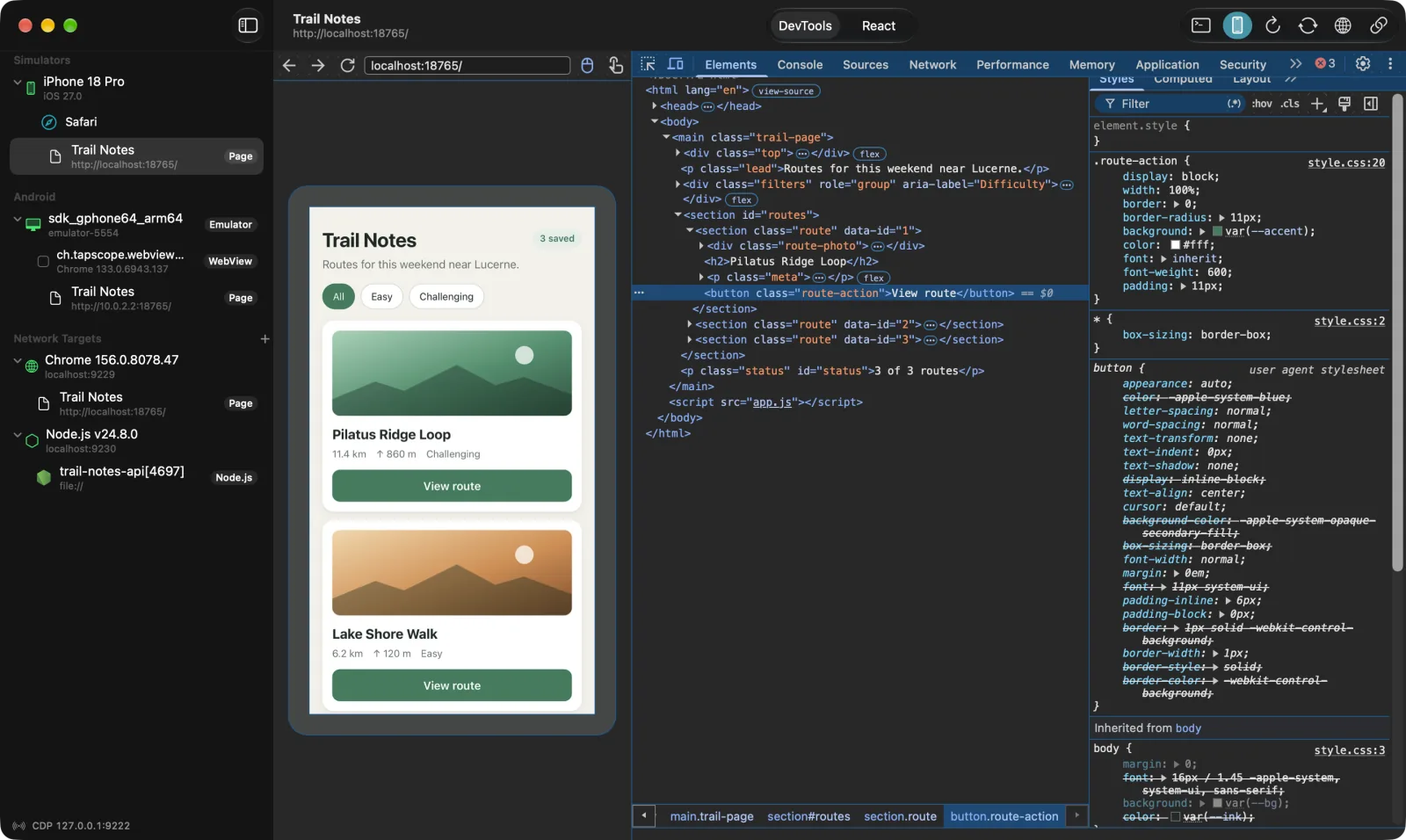 Tapscope window with the live screencast of a page in the iPhone Simulator next to Chrome DevTools; the sidebar lists a simulator, an Android emulator, Chrome and Node.js
