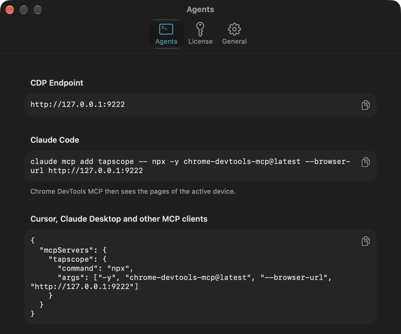 Tapscope Settings, Agents tab: the CDP endpoint http://127.0.0.1:9222 and ready-to-copy Chrome DevTools MCP setup for Claude Code, Cursor and Claude Desktop