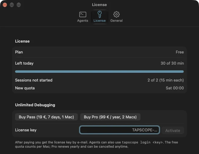 Tapscope Settings, License tab on the Free plan: 30 of 30 minutes left today in two 15-minute sessions, buttons to buy Pass or Pro and a license key field
